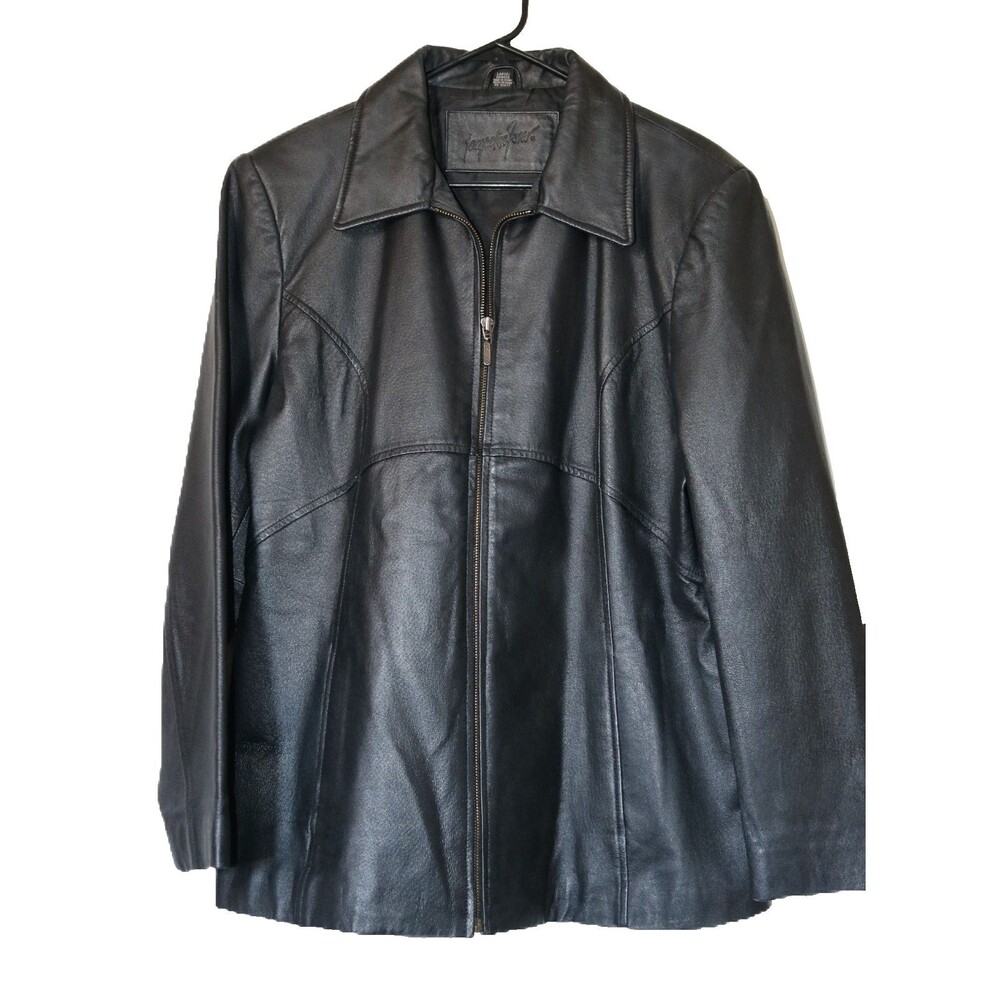 Jacqueline‎ Ferrar Womens Size Large Black Leather Full Zip Jacket Coat Y2K